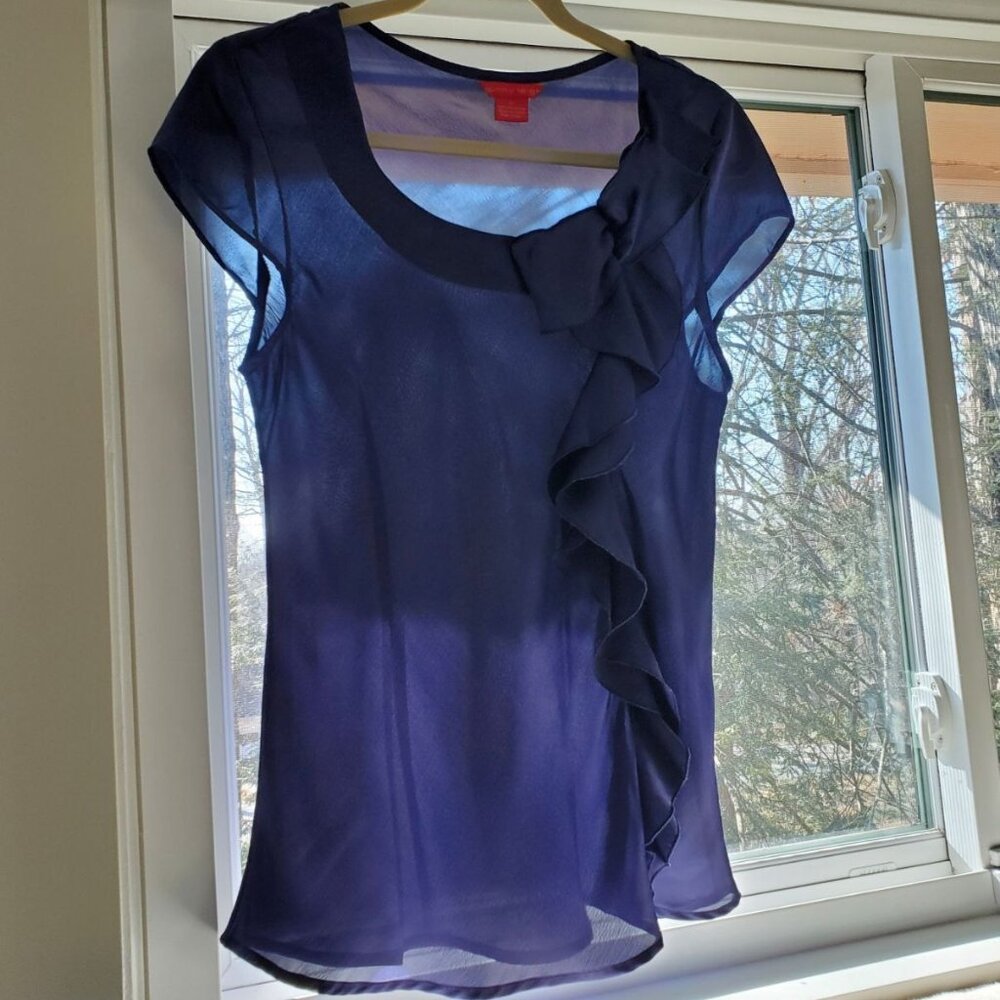 Sunny Leigh Dark Navy Ruffle Blouse. Size M